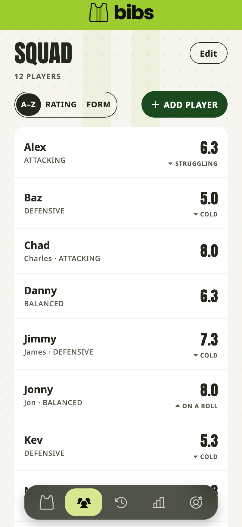 The bibs squad screen showing twelve players, each with a private overall rating, a role label such as ATTACKING, DEFENSIVE or GK, and a form word like ON A ROLL or COLD